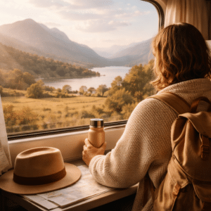 Viaggiatore che guarda il paesaggio dal finestrino di un treno, simbolo di serenità negli spostamenti