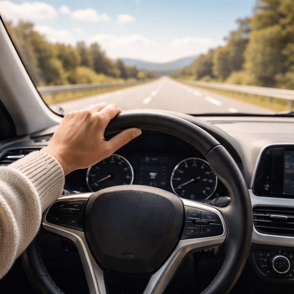 Mano sul volante con strada aperta sullo sfondo, simbolo di sicurezza alla guida