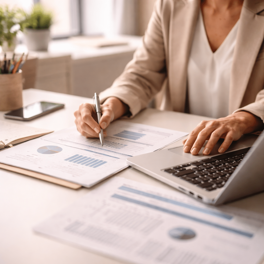 Professionista al lavoro alla scrivania, simbolo di protezione per le responsabilità professionali