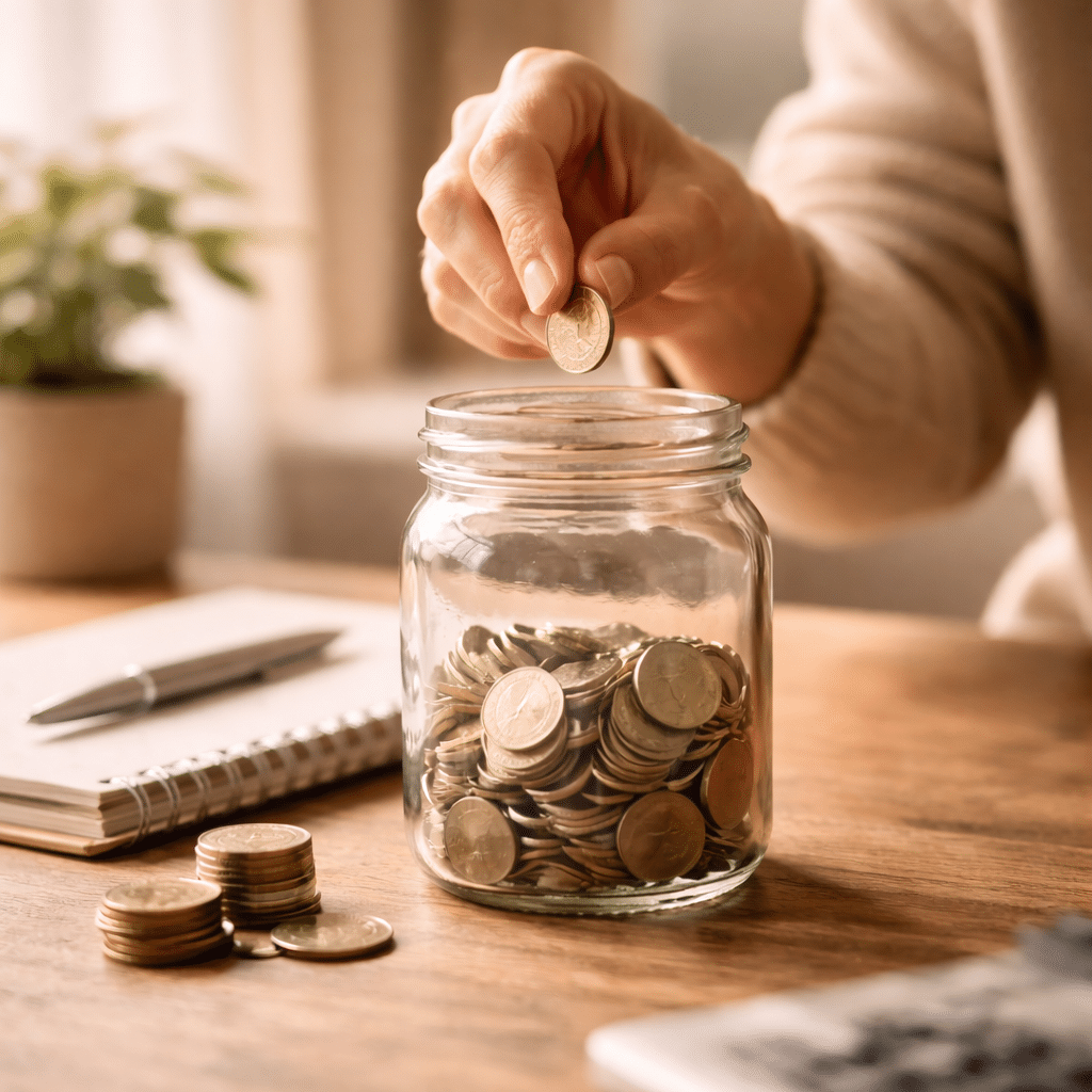 Mani che ripongono monete in un barattolo di vetro, simbolo di risparmio e pianificazione finanziaria