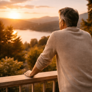 Persona che guarda il tramonto da una terrazza, simbolo di serenità e pianificazione previdenziale