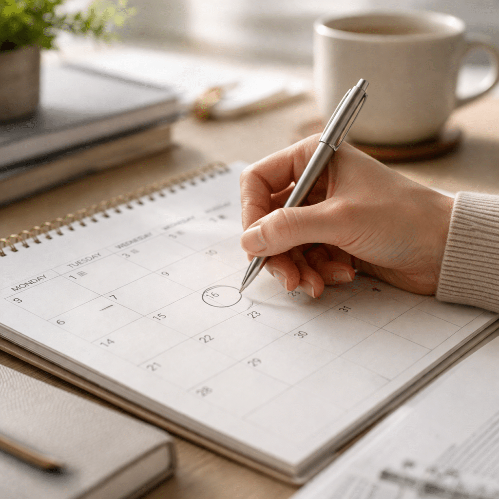 Mano che segna date su un calendario cartaceo, simbolo di gestione flessibile e pianificazione dei pagamenti