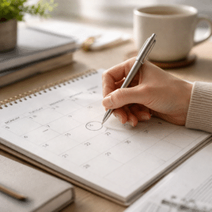 Mano che segna date su un calendario cartaceo, simbolo di gestione flessibile e pianificazione dei pagamenti