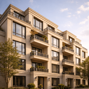 Facciata di un edificio residenziale ben tenuto, simbolo di supporto finanziario per interventi condominiali