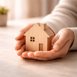 Mani che reggono una casetta in legno, simbolo di supporto nell'acquisto e ristrutturazione della casa