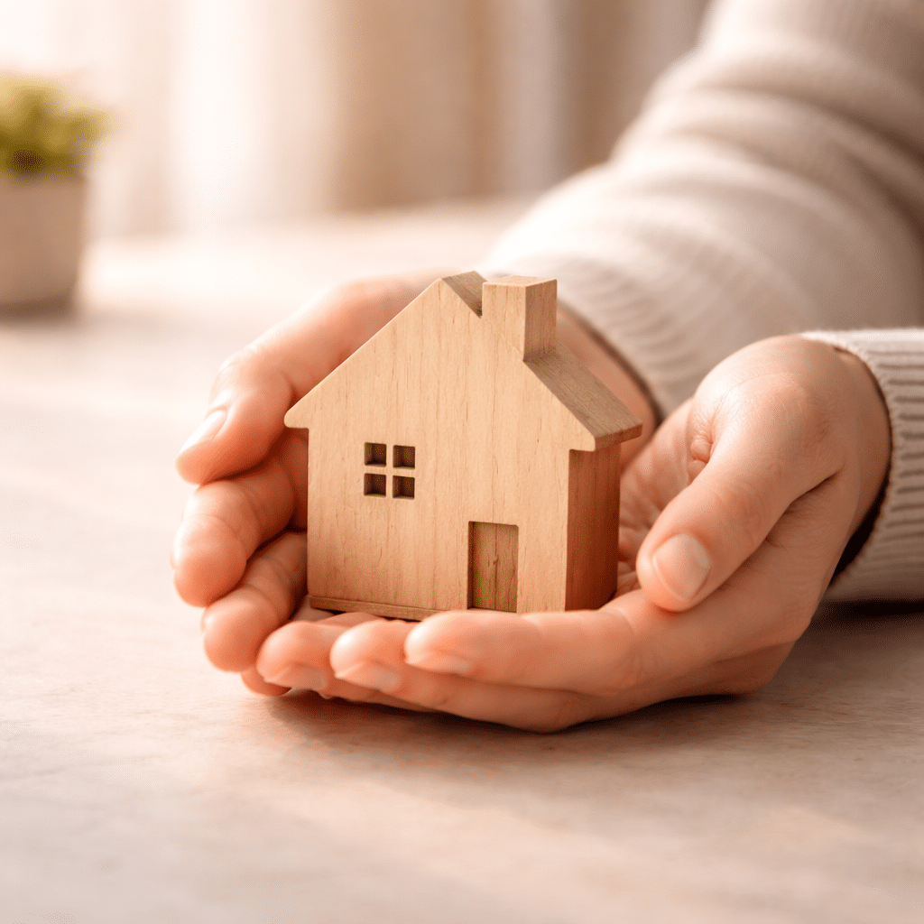 Mani che reggono una casetta in legno, simbolo di supporto nell'acquisto e ristrutturazione della casa