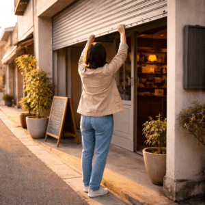 Persona che solleva la serranda di un negozio al mattino, simbolo di un nuovo inizio reso possibile da un finanziamento personale