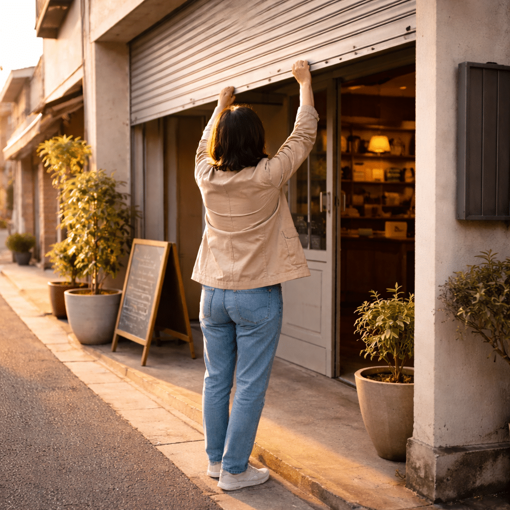 Persona che solleva la serranda di un negozio al mattino, simbolo di un nuovo inizio reso possibile da un finanziamento personale