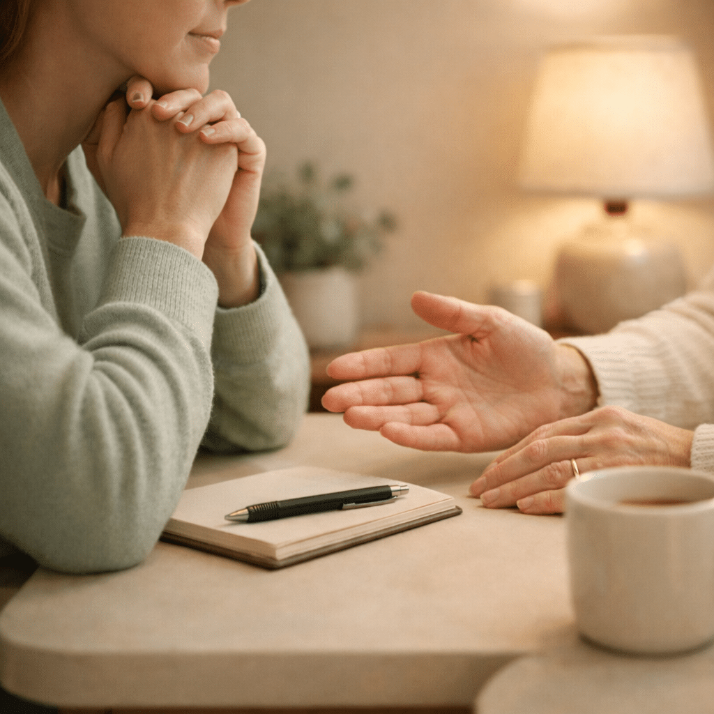 Due persone sedute di fronte, solo le mani visibili, simbolo di supporto psicologico professionale e ascolto