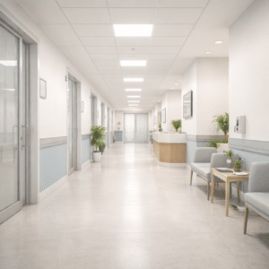 Corridoio di una struttura sanitaria moderna e luminosa, simbolo di accesso a cure convenzionate di qualità