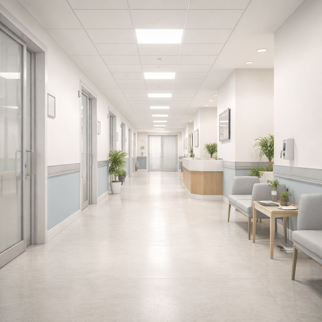 Corridoio di una struttura sanitaria moderna e luminosa, simbolo di accesso a cure convenzionate di qualità