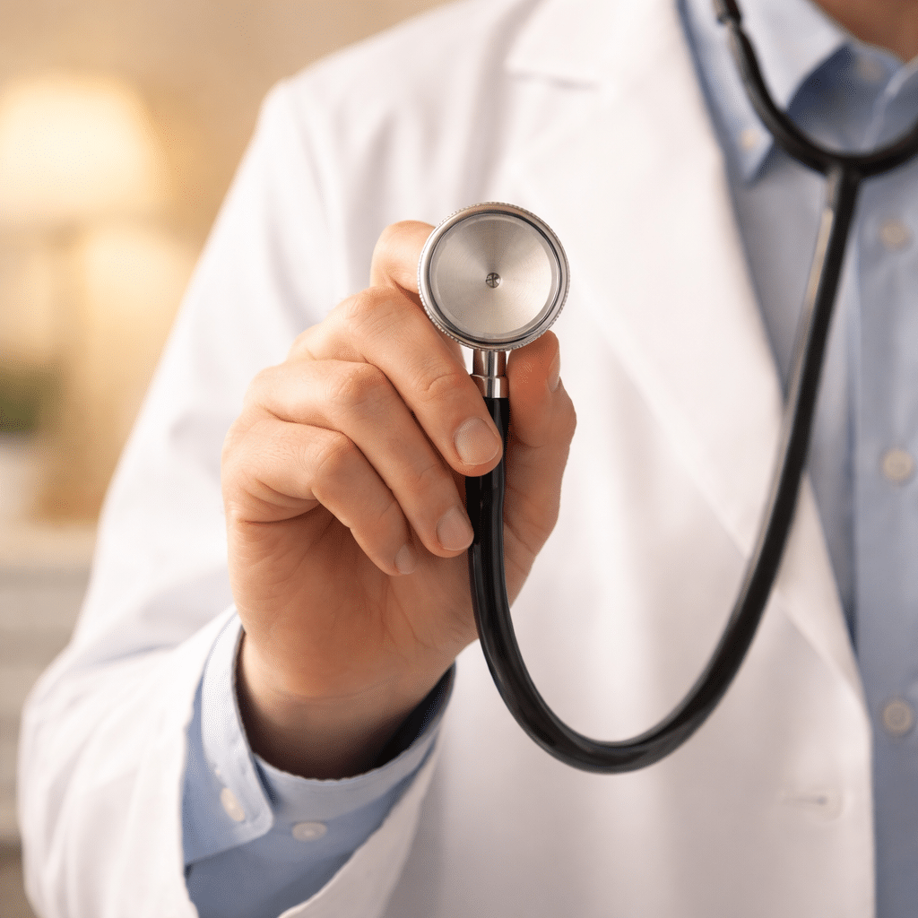 Mano di un medico con stetoscopio, simbolo di assistenza sanitaria disponibile 24 ore su 24