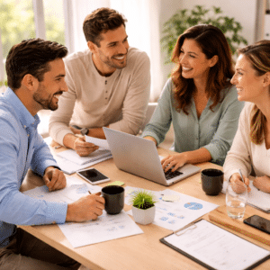 Dipendenti sorridenti che lavorano insieme in un ufficio moderno, simbolo di benessere e soddisfazione sul posto di lavoro