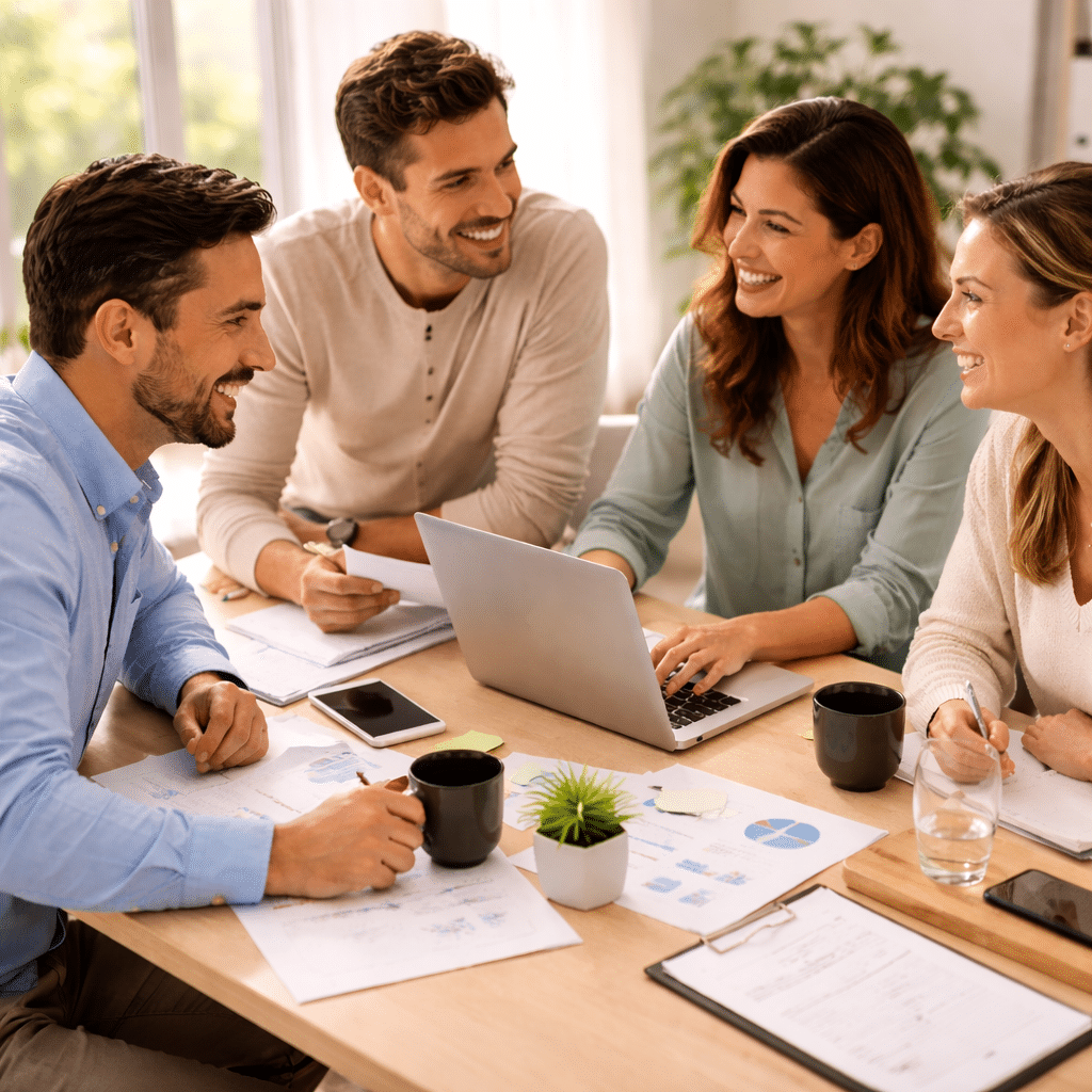 Dipendenti sorridenti che lavorano insieme in un ufficio moderno, simbolo di benessere e soddisfazione sul posto di lavoro