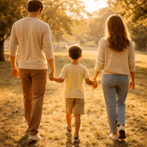 Famiglia che cammina insieme in un parco soleggiato, simbolo di protezione e serenità familiare