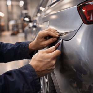 Mani di un meccanico che lavora sulla carrozzeria di un'auto, simbolo di riparazione professionale presso carrozzerie convenzionate