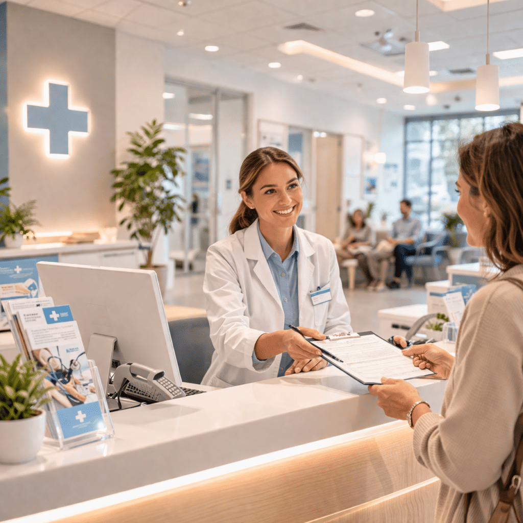 Reception di una struttura sanitaria moderna con personale accogliente, simbolo di accesso diretto a cure convenzionate senza anticipare le spese