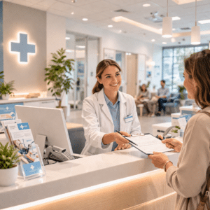 Reception di una struttura sanitaria moderna con personale accogliente, simbolo di accesso diretto a cure convenzionate senza anticipare le spese
