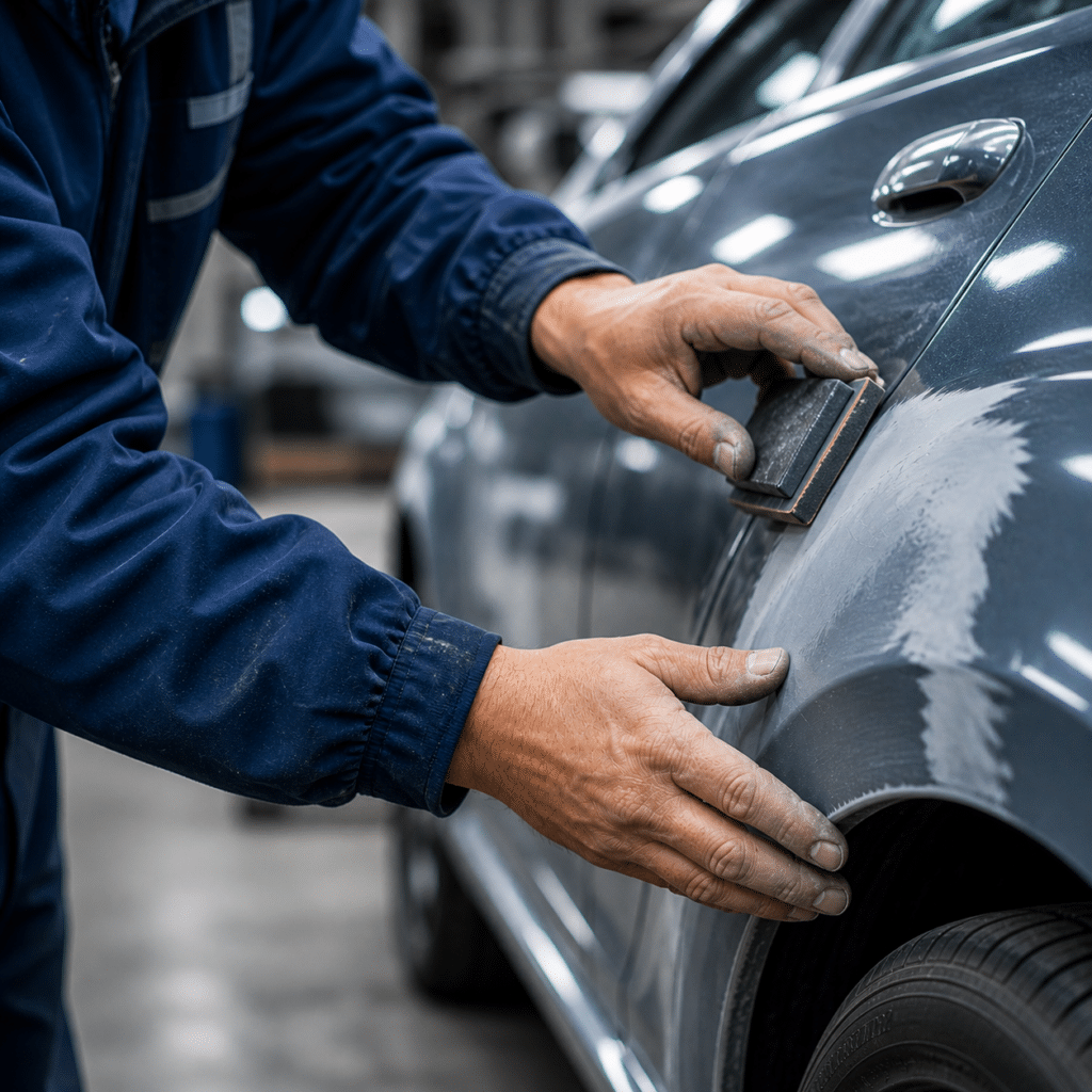 Mani di un meccanico che leviga la carrozzeria di un’auto in officina, dettaglio ravvicinato del lavoro di riparazione su un parafango.